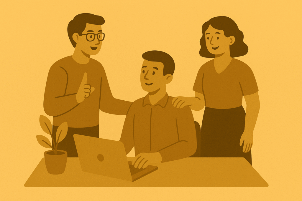 Three professionals collaborating around a desk with a laptop, symbolizing teamwork, trust, and personalized service in a warm, golden-brown illustration.