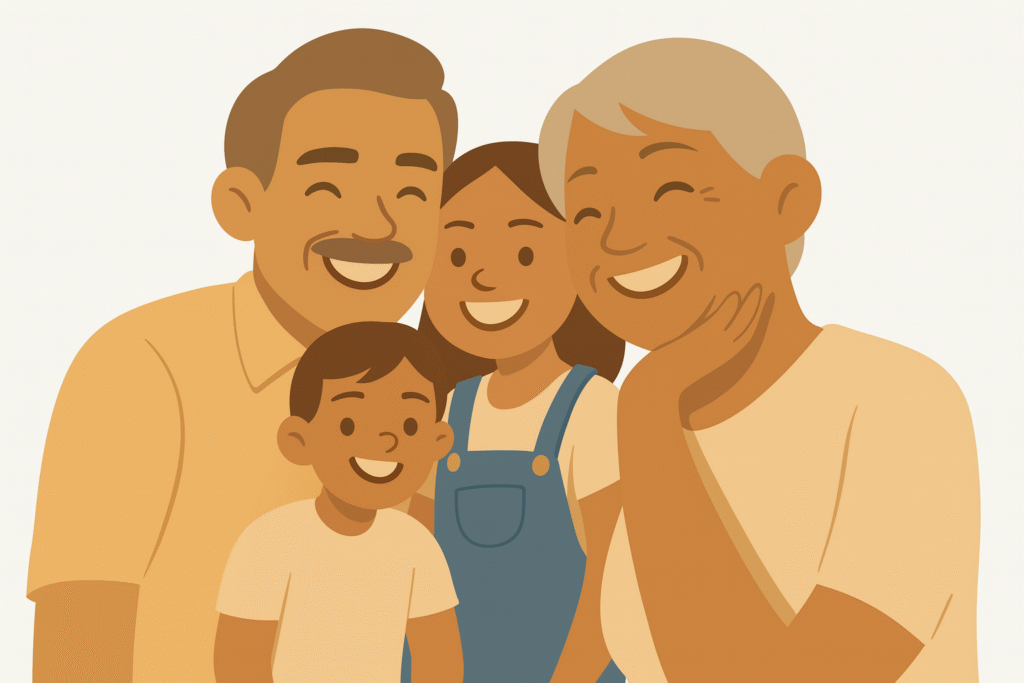 Flat-style illustration of an older couple and a young girl smiling together, symbolizing family connection, legacy, and lifelong protection in warm golden and brown BenefitExcel tones on a white background.