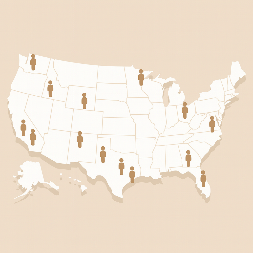 Flat-style illustration of the United States map in beige and white tones with golden-brown markers representing BenefitExcel’s service locations across the country.