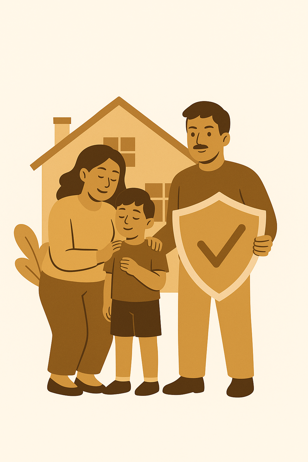 Flat-style illustration of a family standing in front of a house, with the father holding a large shield symbolizing protection and stability, rendered in warm golden and brown tones on a white background.