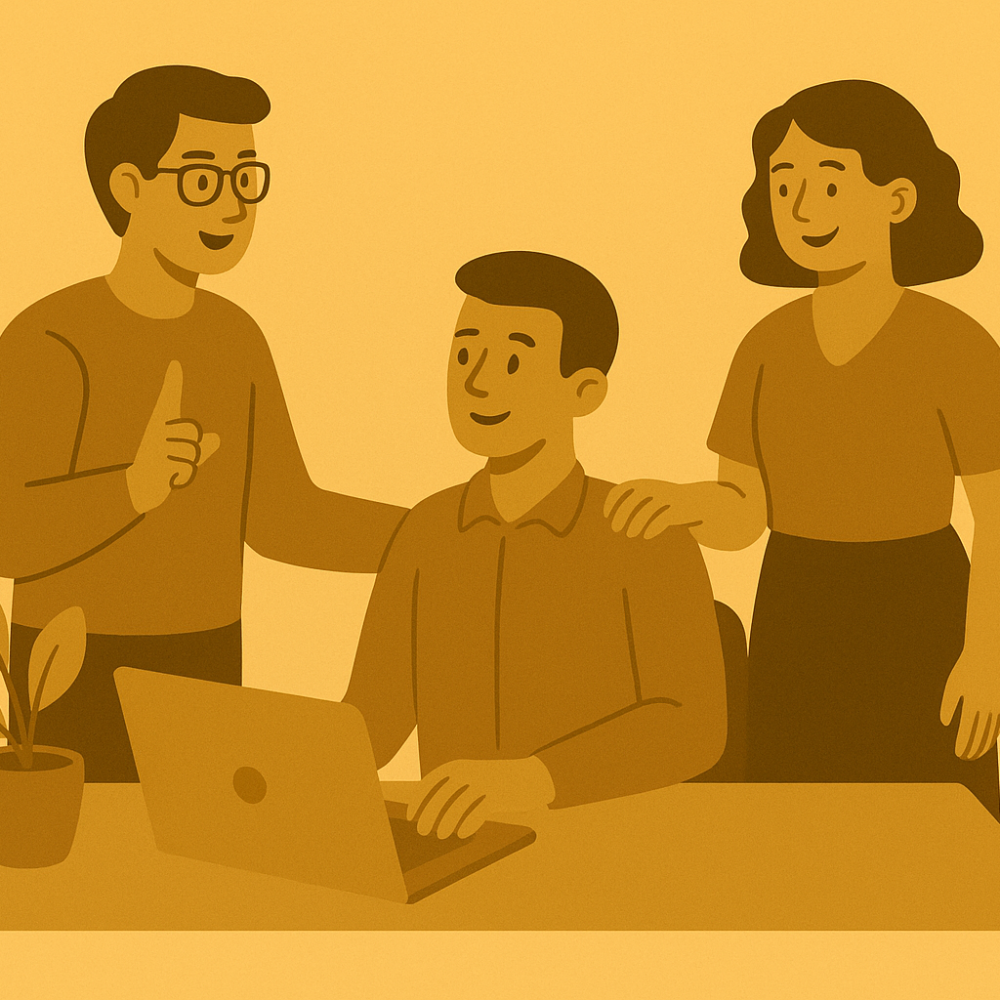 Three professionals collaborating around a desk with a laptop, symbolizing teamwork, trust, and personalized service in a warm, golden-brown illustration.