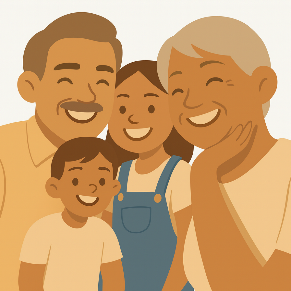 Flat-style illustration of an older couple and a young girl smiling together, symbolizing family connection, legacy, and lifelong protection in warm golden and brown BenefitExcel tones on a white background.